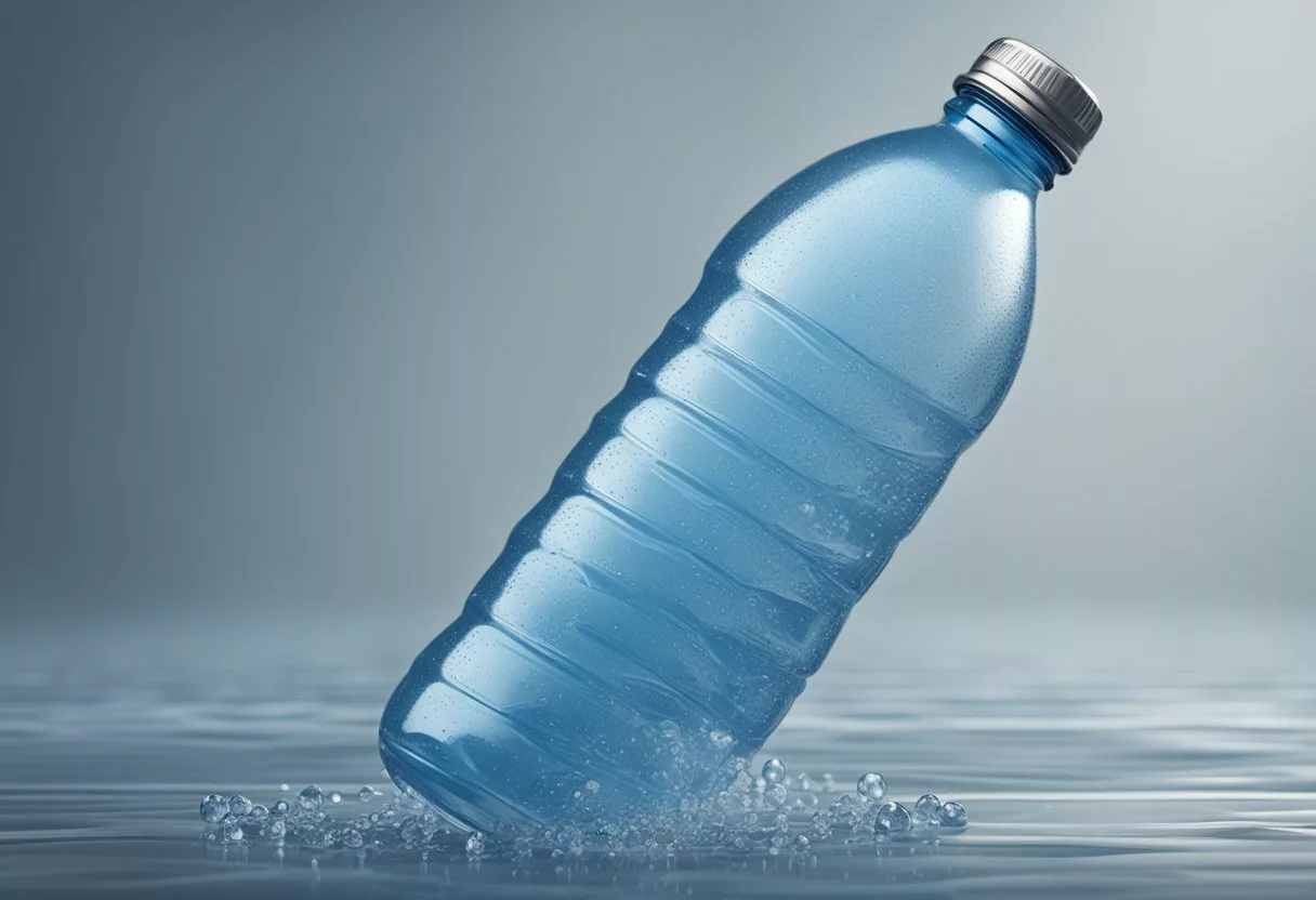 A water bottle overflowing with liquid, droplets spilling over the edges. A person looking fatigued and nauseous, holding their stomach