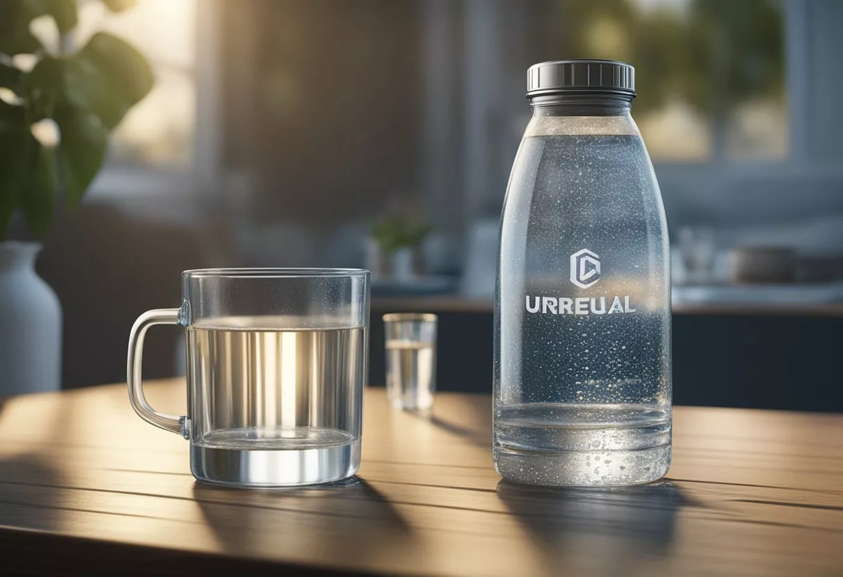 A clear water bottle overflowing with water, droplets spilling onto a table. A measuring cup next to it, indicating the recommended amount