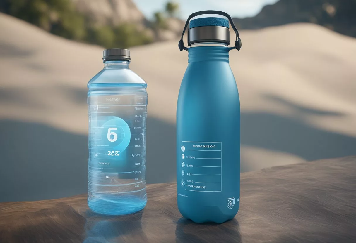 A clear water bottle with measurement markings. A chart showing signs of overhydration. A person monitoring fluid intake