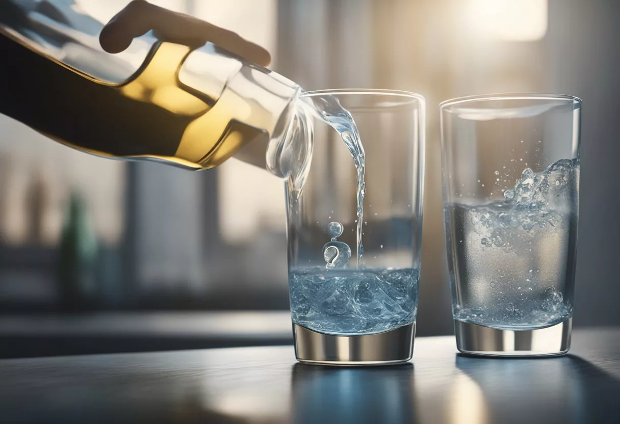 A person pouring excessive water into a glass, with a question mark hovering above to signify uncertainty about the appropriate amount