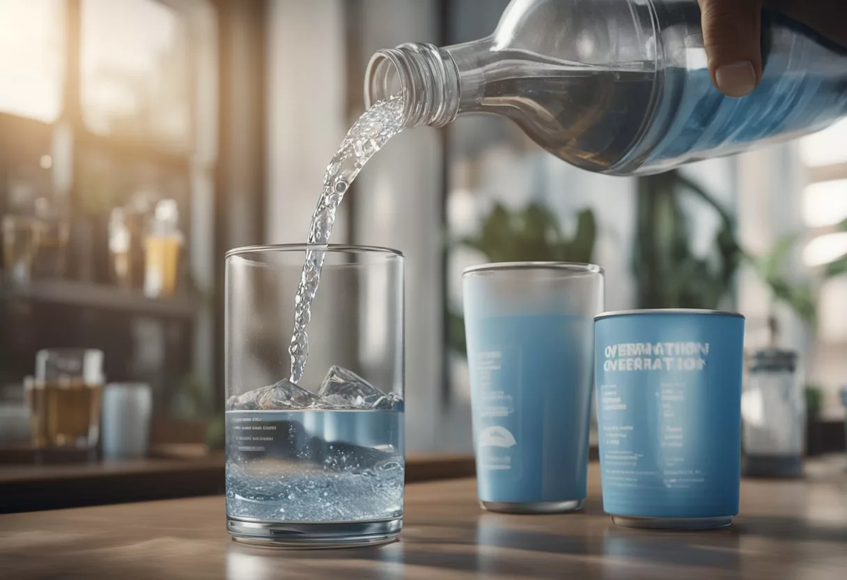 A person pouring excessive water into a glass, with a warning sign indicating "overhydration" and a doctor advising on proper water intake