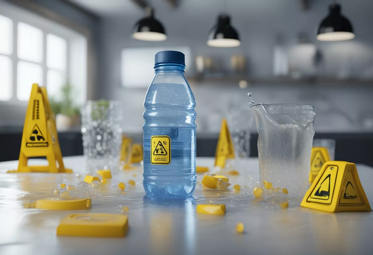 A water bottle overflowing with liquid, droplets spilling out, surrounded by caution signs and a measuring cup