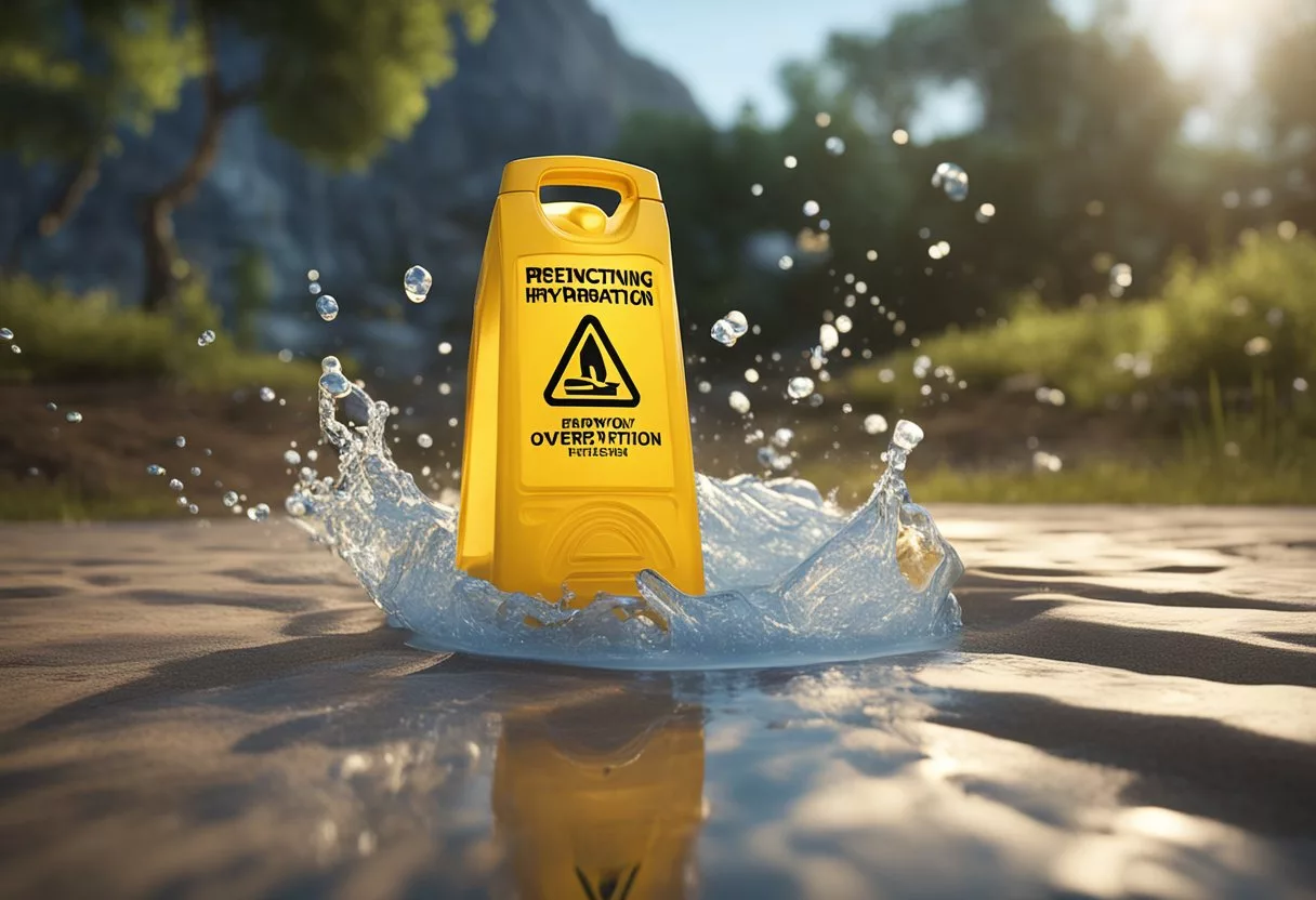 A water bottle overflowing with liquid, spilling onto the ground. A caution sign with the words "Preventing Overhydration" in bold letters