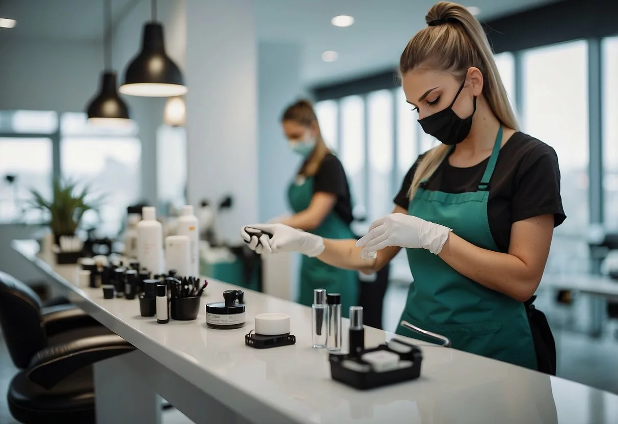 A clean, well-lit salon with sanitized tools and equipment. Nail technician wearing gloves and using gentle, non-toxic products. Display of natural nail care products