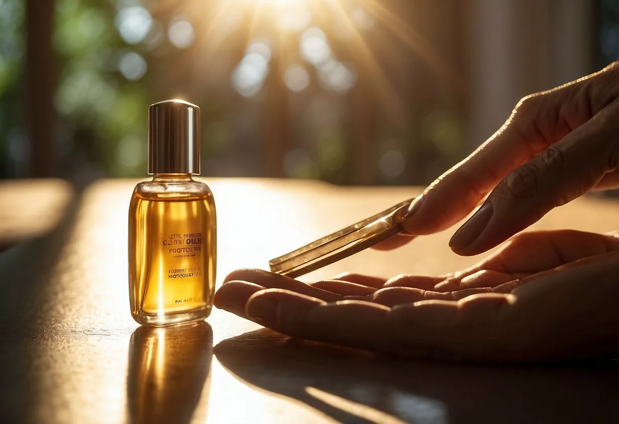 A hand holding a nail file, cuticle oil, and a nail strengthener. A bottle of hand cream sits nearby. Sunlight streams in through a window, casting a warm glow on the scene