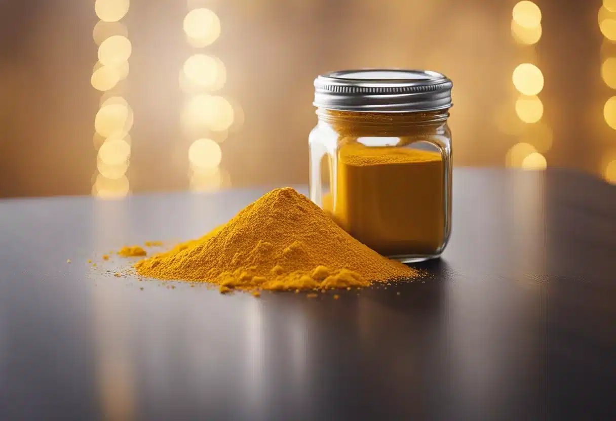 A jar of turmeric spills onto a table, with a golden glow emanating from the powder. A beam of light shines down, illuminating the spice