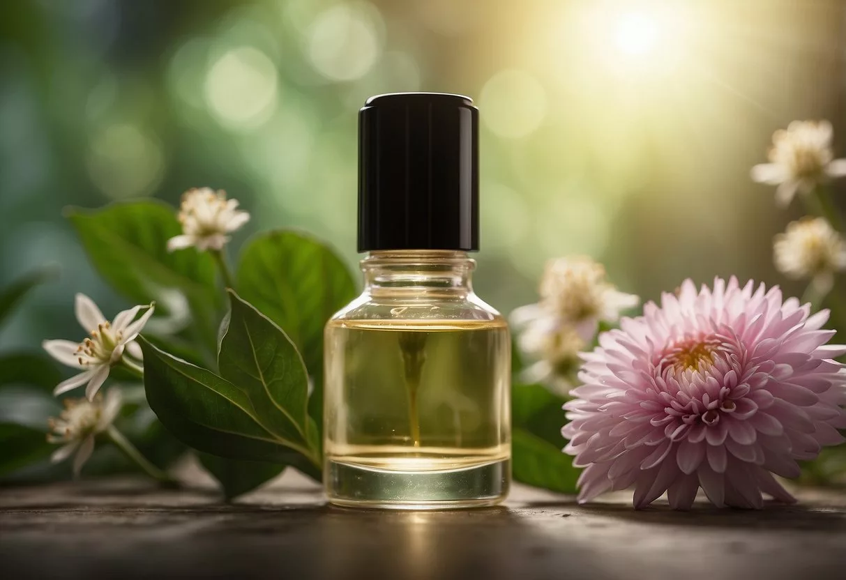 A bottle of nail strengthener surrounded by natural elements like flowers and plants, with a soft light illuminating the scene