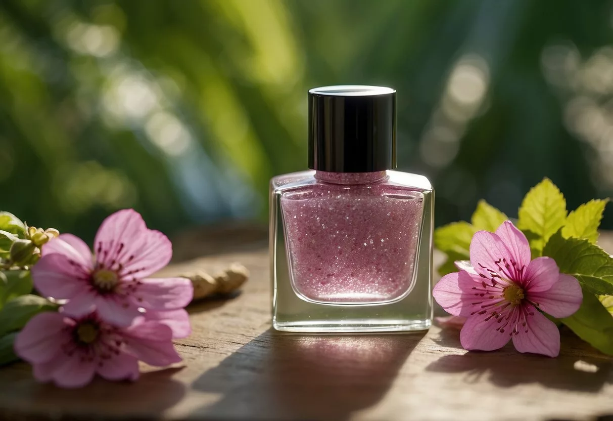 A bottle of nail strengthening polish surrounded by natural elements like flowers, leaves, and fruits, symbolizing the use of natural remedies to keep nails strong