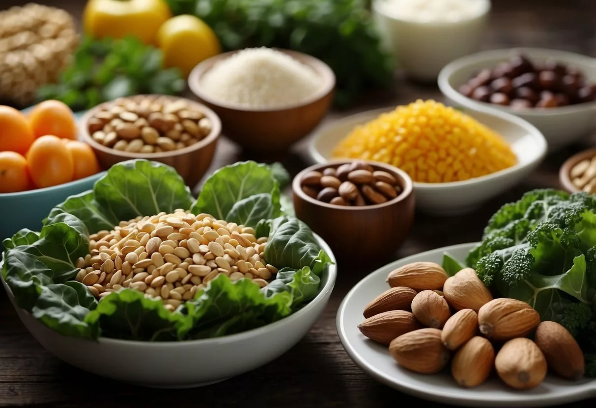 A variety of nutrient-rich foods, such as leafy greens, nuts, and lean proteins, are arranged on a table, with a focus on ingredients that promote strong and healthy nails