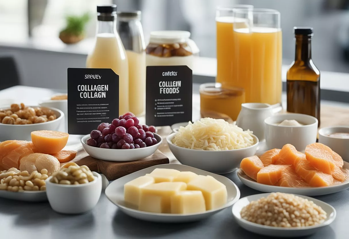 A variety of collagen-rich foods displayed on a table with labels highlighting their benefits