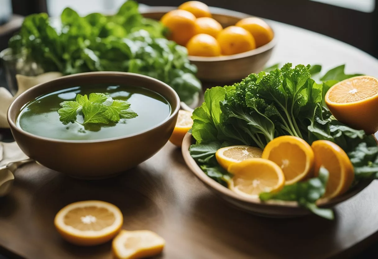 A variety of collagen-rich foods, such as bone broth, fish, and leafy greens, are displayed on a table. A bowl of gelatin and a plate of citrus fruits add to the collection