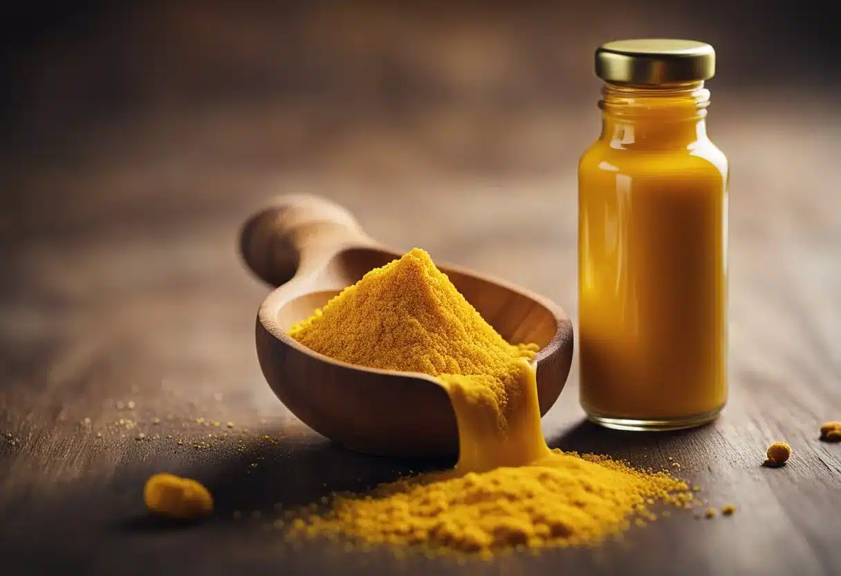 A bottle of turmeric spills onto a table, with a trail leading to a vibrant yellow liquid being absorbed by a sponge