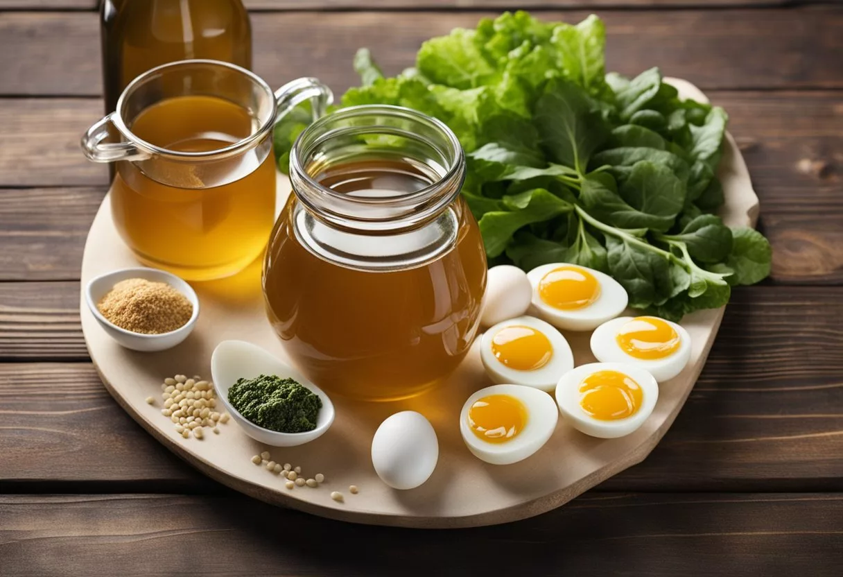 A table with various collagen-rich foods: bone broth, fish, eggs, and leafy greens. A bottle of collagen supplements and a bowl of gelatin are also present