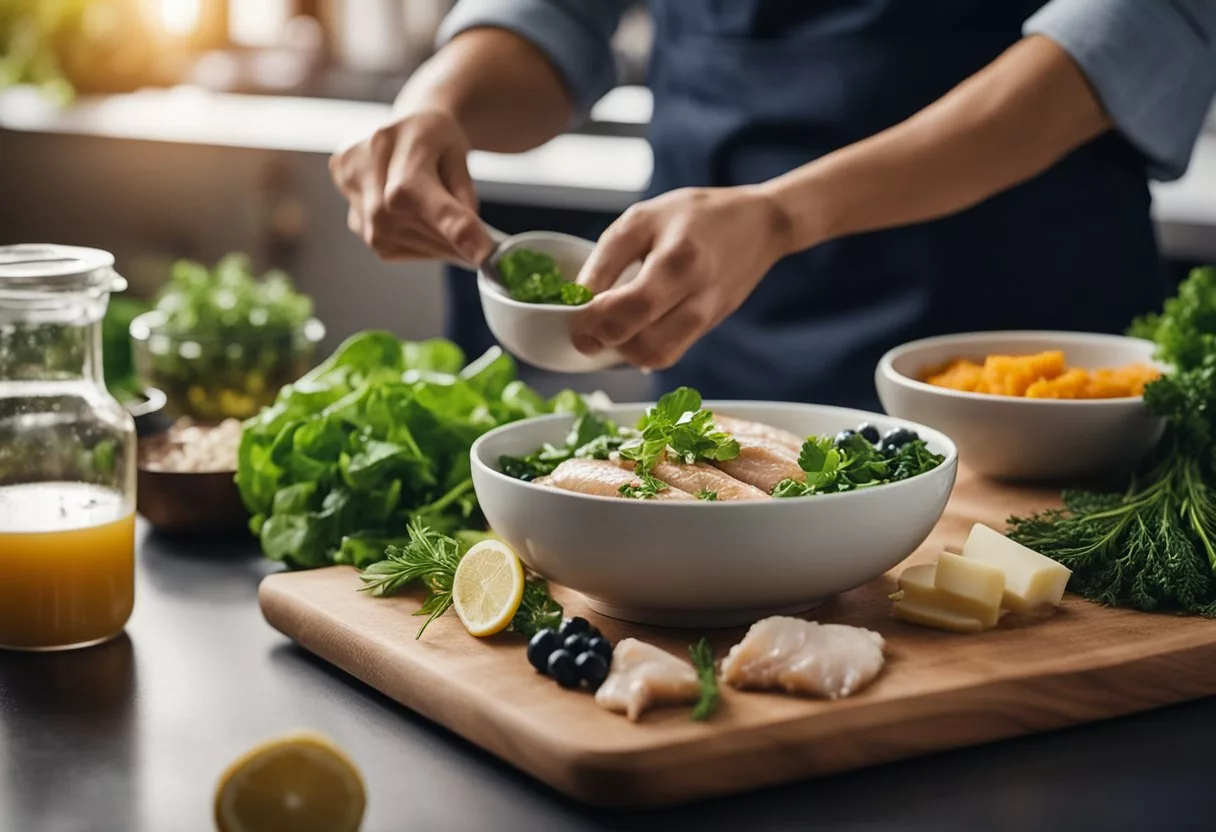 A table filled with collagen-rich foods like bone broth, fish, chicken, berries, and leafy greens. A chef preparing collagen-boosting meals in a bright, modern kitchen