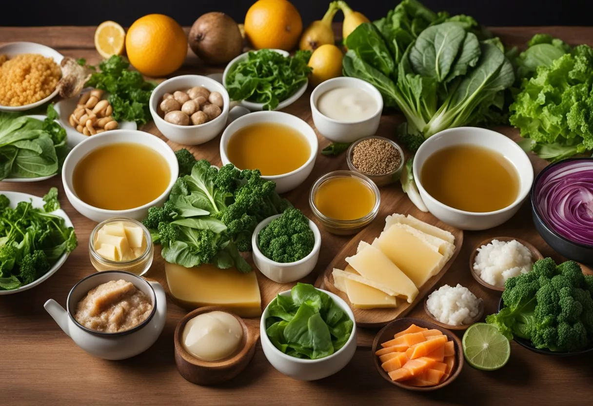 A colorful array of collagen-rich foods, including bone broth, fish, and leafy greens, arranged on a table with a vibrant background