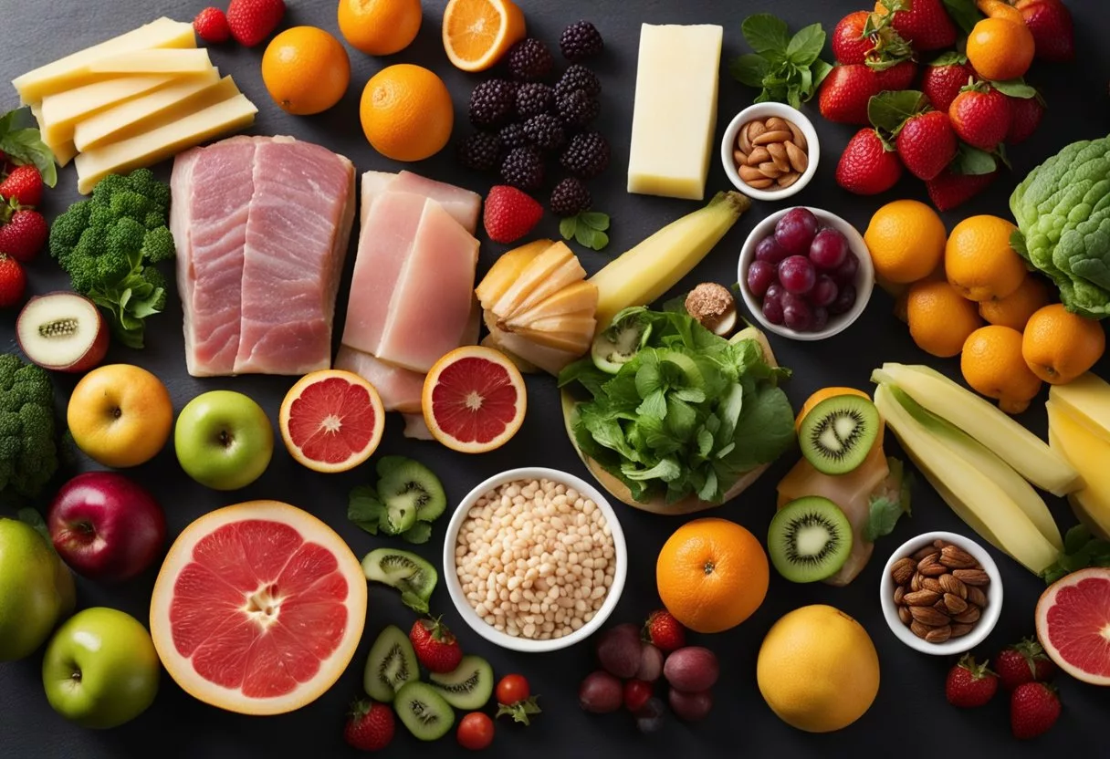 A variety of collagen-rich foods arranged on a table with vibrant fruits, vegetables, and lean meats, showcasing their potential for enhancing collagen absorption