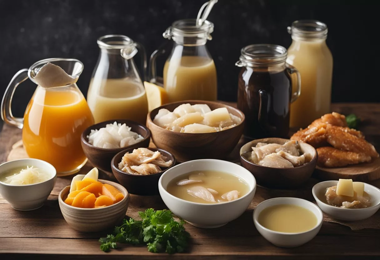 A variety of foods such as bone broth, fish, and chicken skin are displayed on a table, showcasing dietary sources of collagen