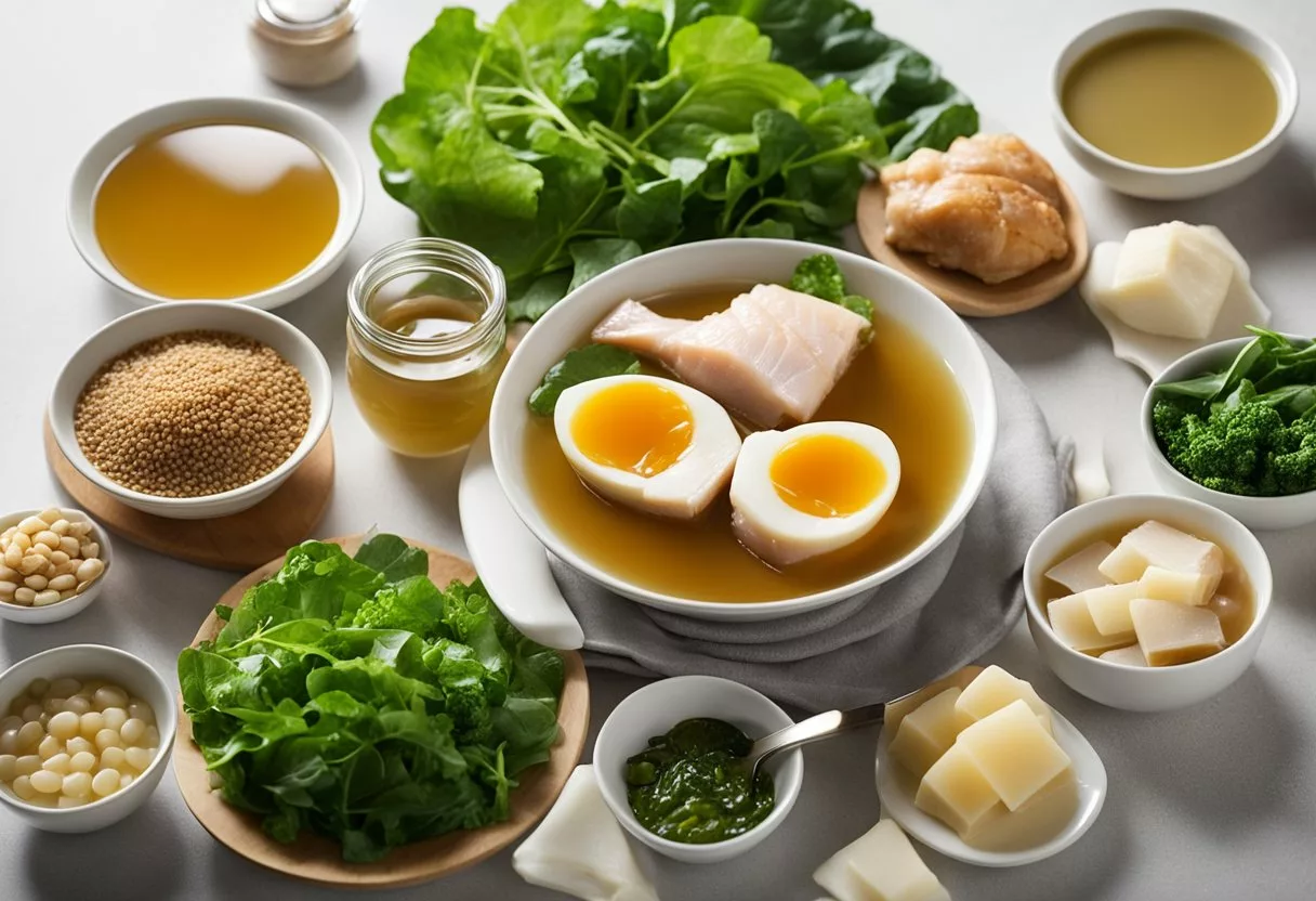 A variety of collagen-rich foods arranged on a table, including bone broth, fish, chicken, and leafy greens