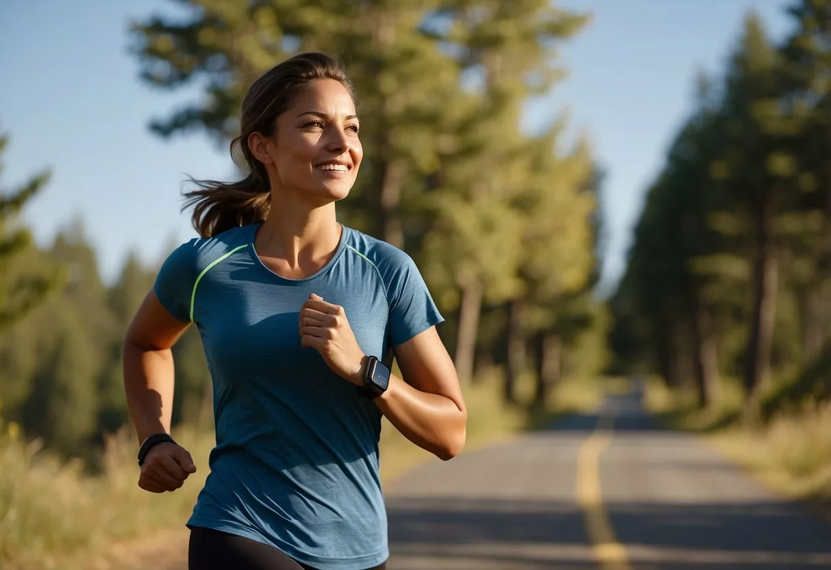 A person jogging on a scenic trail, with a fitness tracker on their wrist. Surrounding them are trees, a clear blue sky, and a gentle breeze