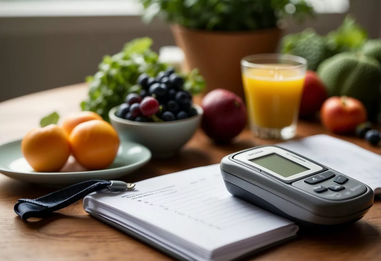 A table with a variety of healthy foods, a person exercising, a glucose meter, and a journal for tracking meals and blood sugar levels