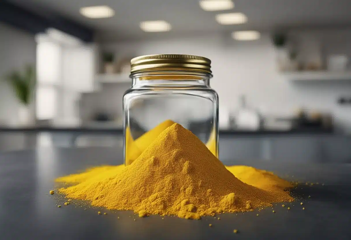 A jar of turmeric spills, causing a vibrant yellow powder to scatter across a countertop. A warning label with precautionary text is prominently displayed