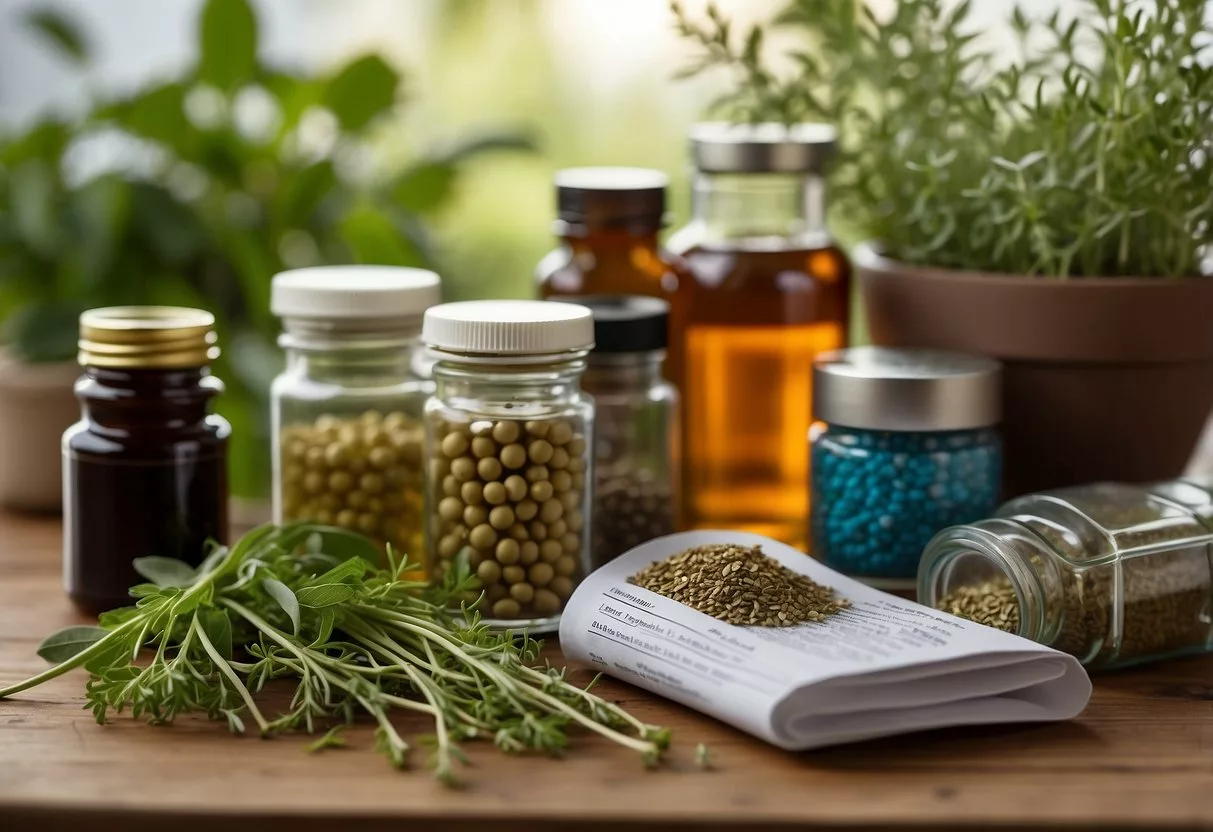 A table filled with various herbs and supplements, alongside a list of 15 tips to reverse insulin resistance