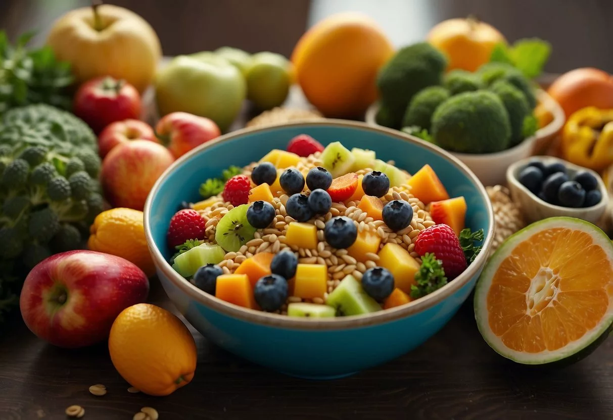 A table filled with colorful fruits, vegetables, whole grains, and lean proteins. A measuring tape wrapped around a waistline, showing progress. A person exercising in the background