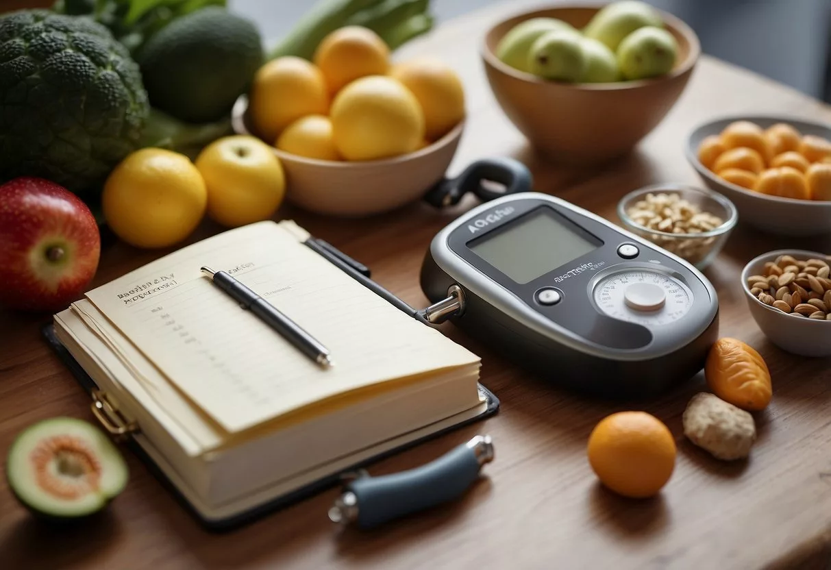 A table with a variety of healthy foods, exercise equipment, a journal, a glucose meter, and a calendar for tracking progress