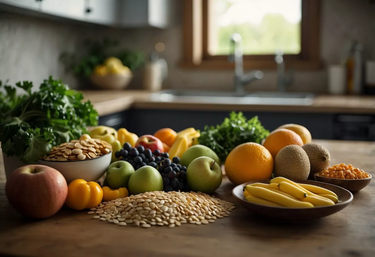 A kitchen counter with fresh fruits, vegetables, and whole grains. A person is preparing a healthy meal with a measuring tape nearby