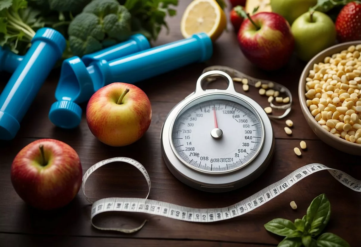 A scale surrounded by healthy food and exercise equipment, with a tape measure and insulin syringe nearby