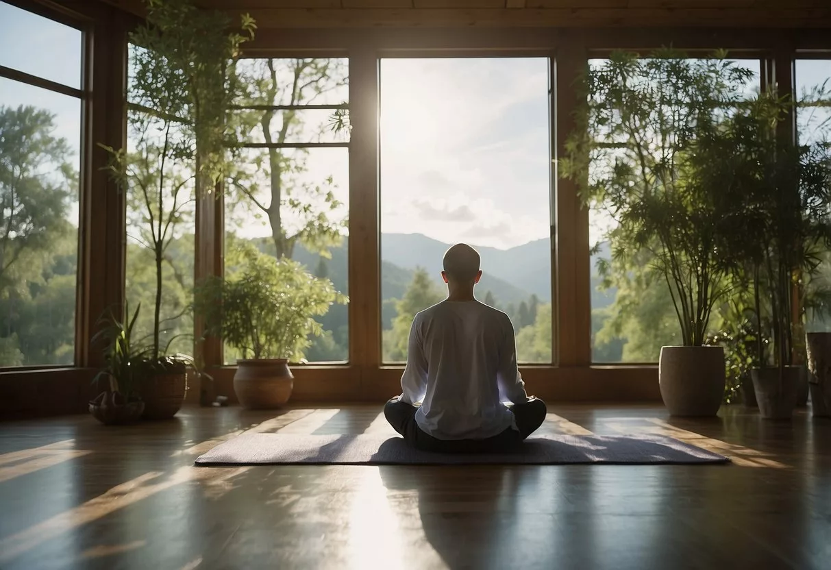 A person meditates in a serene setting, surrounded by greenery and natural light. A list of "15 tips to reverse insulin resistance" floats above their head, symbolizing mental and emotional health considerations