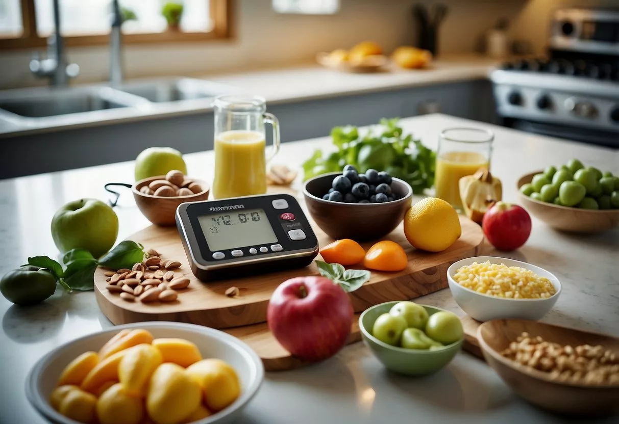 A table with a variety of healthy foods, a measuring tape, and a blood glucose meter on a clean, organized kitchen counter