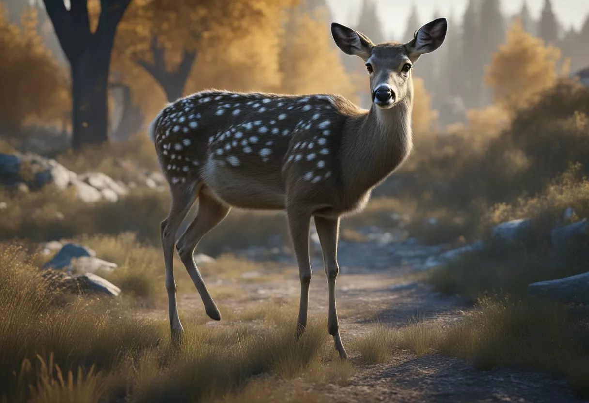 A deer with glassy eyes and emaciated appearance, stumbling and disoriented. Nearby, warning signs and protective gear for humans