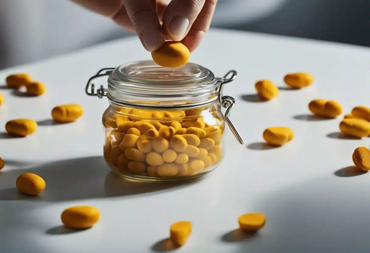 A jar of turmeric spills onto a table, with a daily pill organizer nearby. A person's hand reaches for a pill