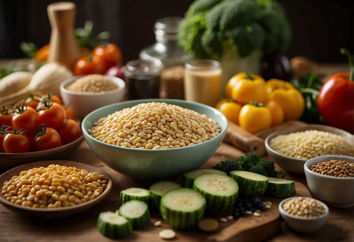 A table with a variety of healthy foods, such as vegetables, lean proteins, and whole grains, alongside a measuring tape and a scale