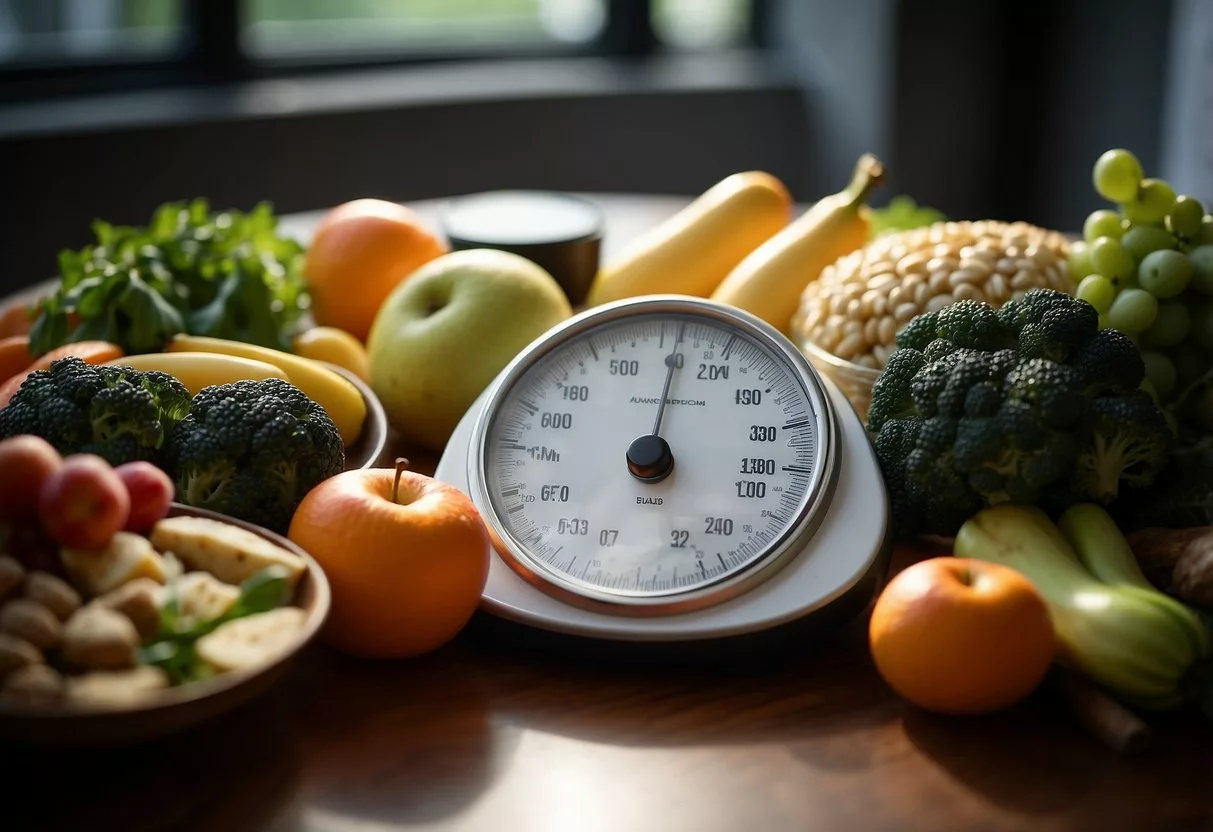 A scale surrounded by healthy food and exercise equipment, with a shadow of insulin resistance looming in the background