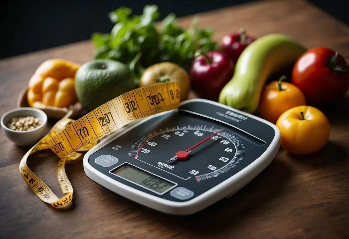 A scale with a rising number, a measuring tape, and a plate of healthy food