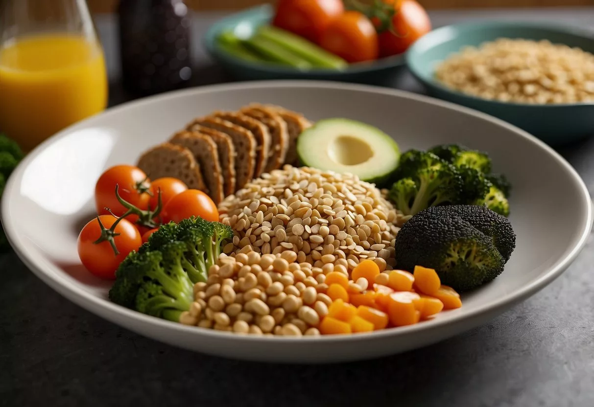 A plate of balanced meals with vegetables, lean protein, and whole grains. A measuring tape wrapped around the plate, showing portion control