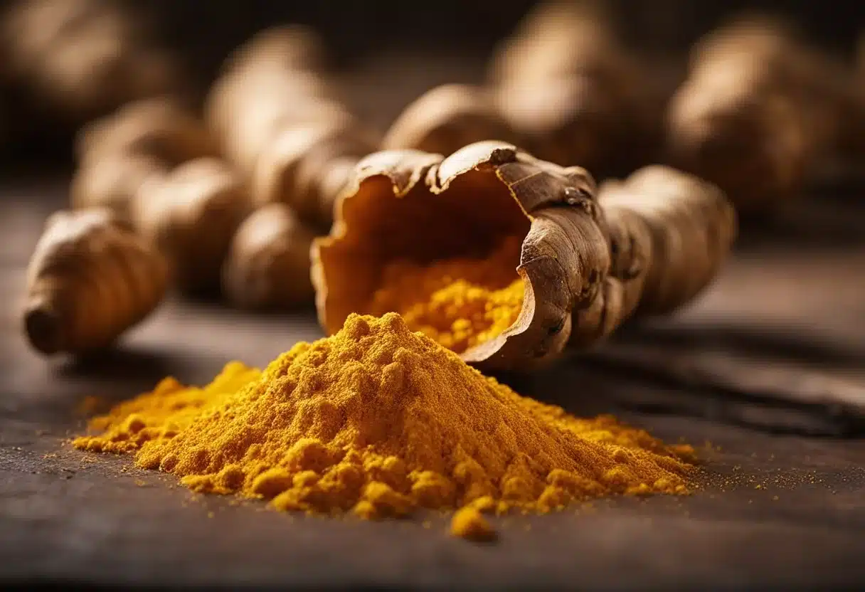 A vibrant turmeric root bursts with color and vitality, surrounded by swirling golden dust and radiating a warm, healing energy