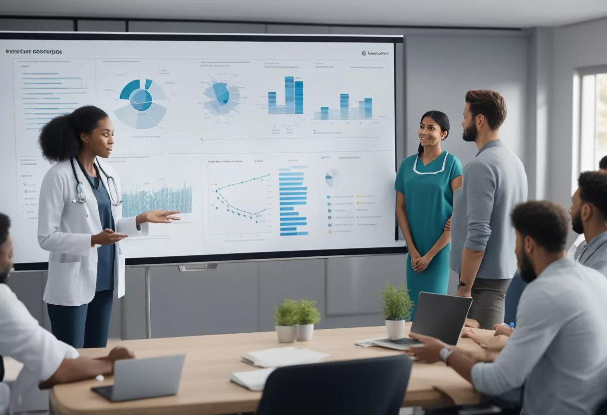 A doctor explaining insulin resistance symptoms to a diverse group of men and women. Charts and diagrams are displayed on a whiteboard