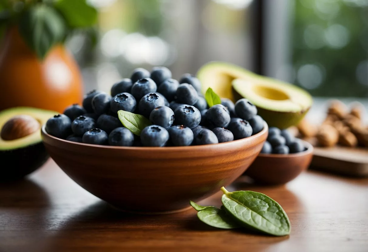 A bowl of fresh blueberries surrounded by other insulin-friendly foods like spinach, avocado, and nuts