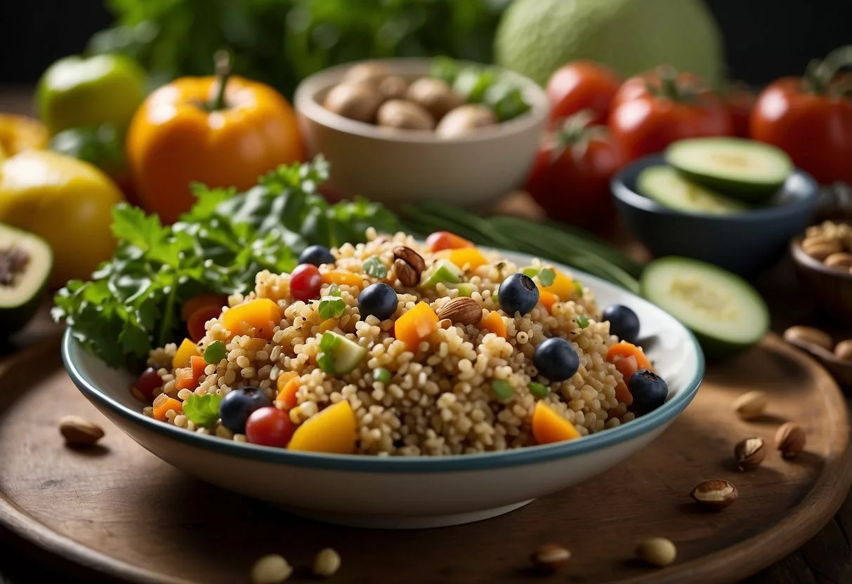 A colorful plate with quinoa, vegetables, and nuts, surrounded by a variety of fresh produce