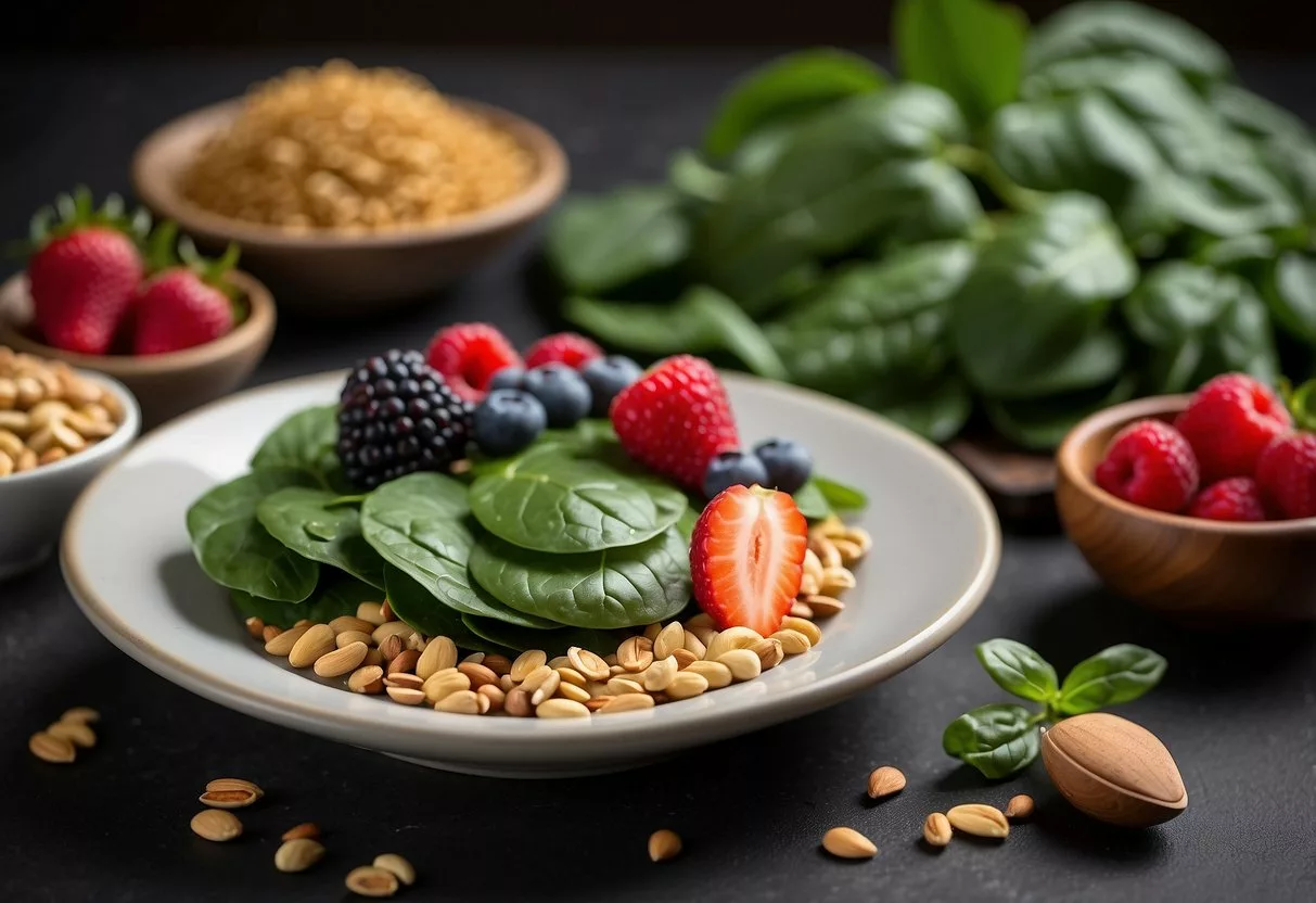 A colorful plate with spinach, along with other foods like berries, nuts, and whole grains, arranged in a visually appealing manner