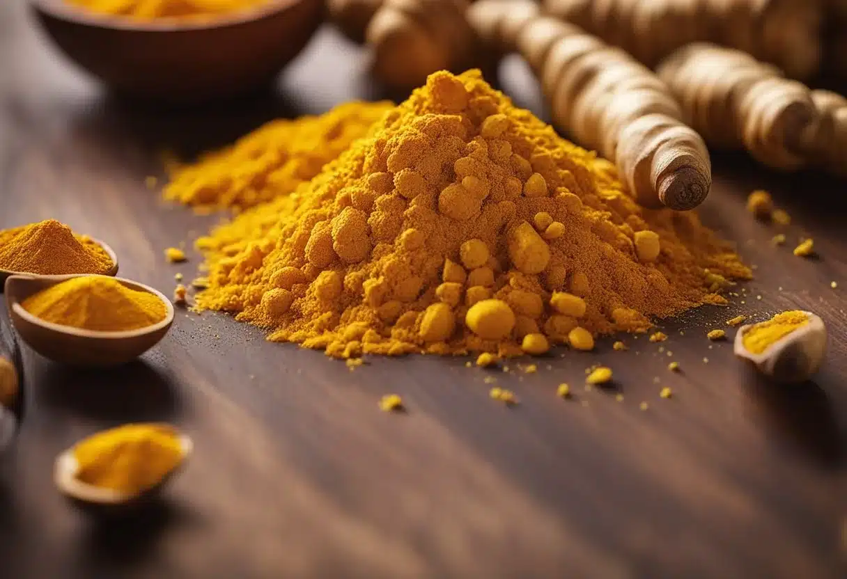 A vibrant yellow turmeric root sits on a cutting board, surrounded by colorful spices and herbs. A warm, golden glow emanates from the turmeric, symbolizing its health benefits