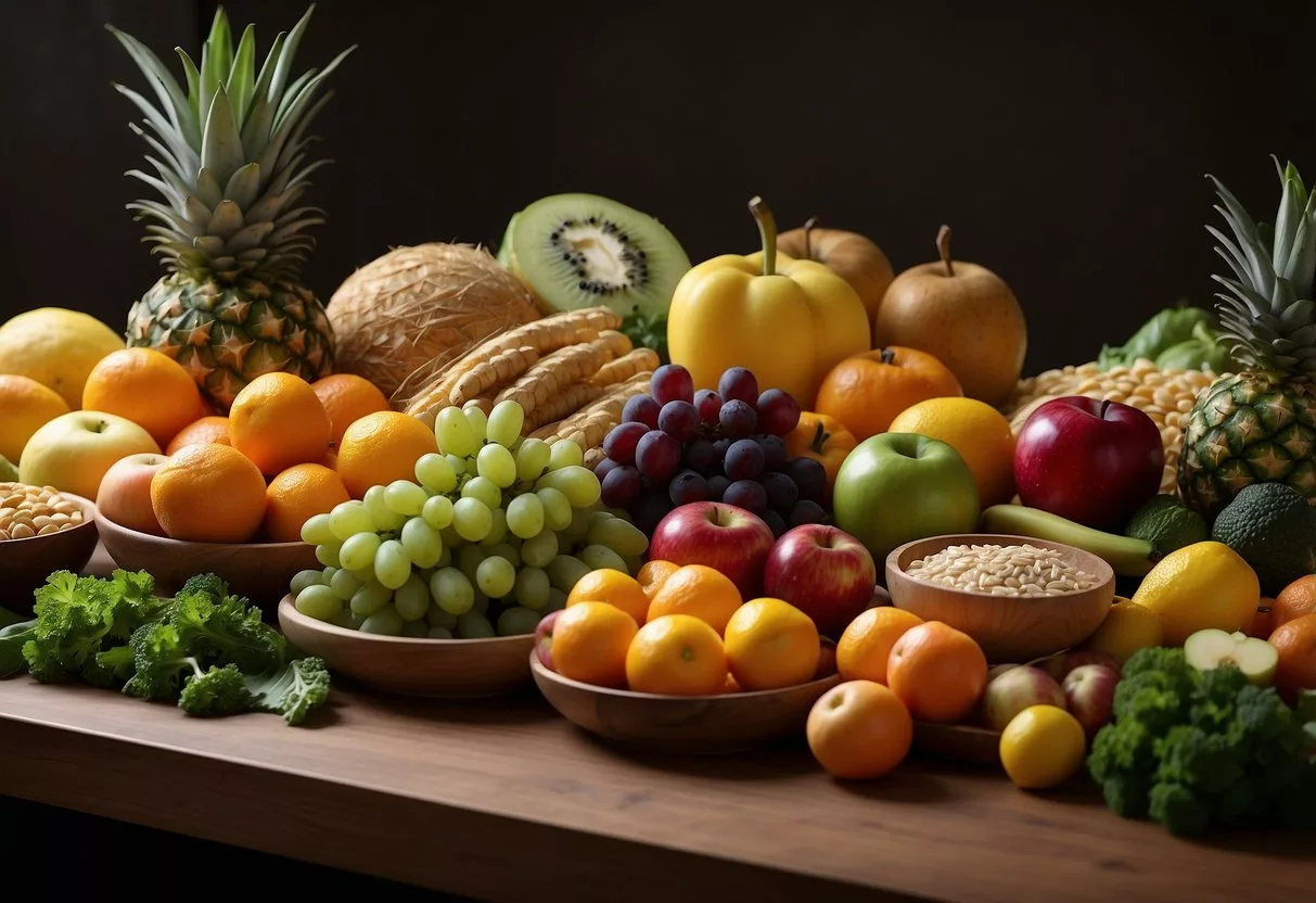 A table with a variety of colorful, fresh fruits and vegetables, along with whole grains and lean proteins, arranged in an appealing display