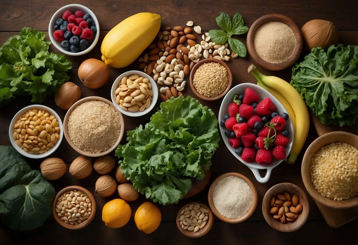 A table with a variety of colorful and healthy foods, such as leafy greens, berries, nuts, and whole grains, arranged in an appealing and appetizing manner