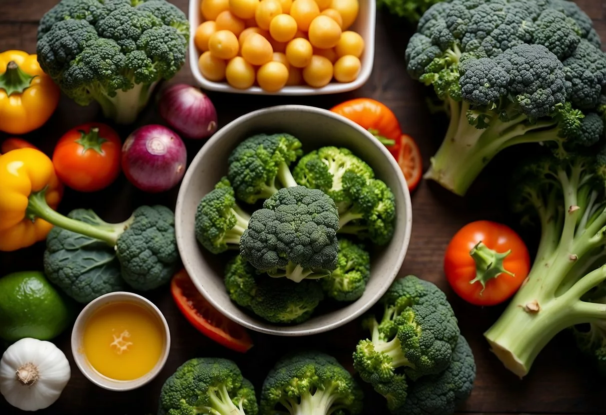 A colorful array of broccoli, surrounded by other nutrient-rich foods, with a bold text overlay "10 best foods for insulin resistance"