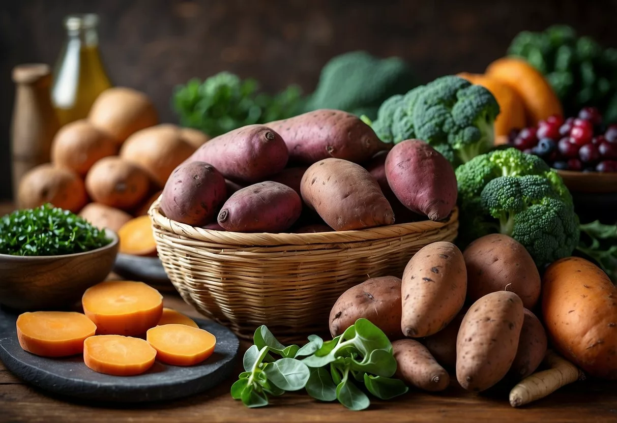 A colorful array of sweet potatoes, broccoli, spinach, and berries on a table, with a sign reading "10 best foods for insulin resistance."