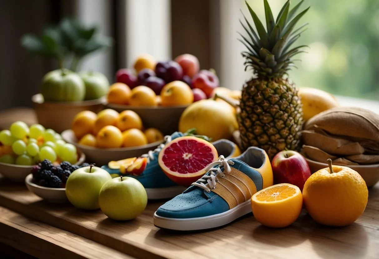 A table with a variety of colorful fruits, vegetables, and whole grains. A measuring tape and a pair of running shoes are placed nearby, suggesting an active lifestyle