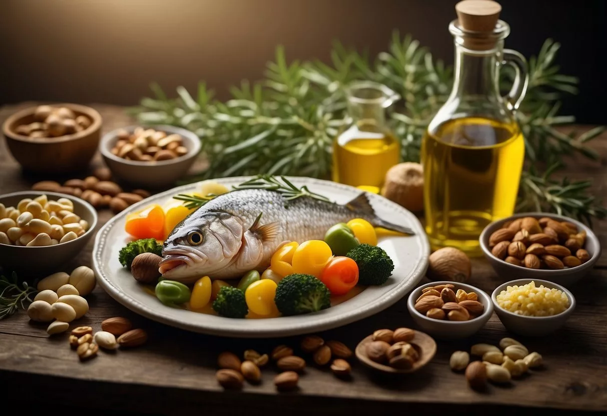 A table with a variety of foods: olive oil, vegetables, nuts, and fish. A plate with a balanced meal and a measuring tape nearby